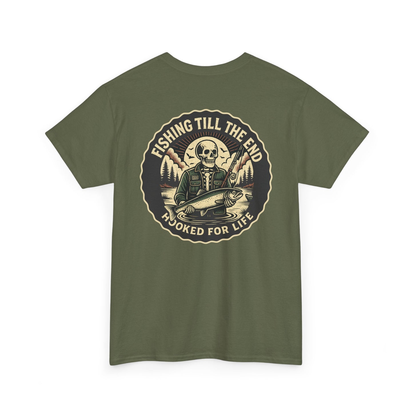 Green t-shirt with a fishing-themed graphic on the back, featuring text and a skull holding a fish.