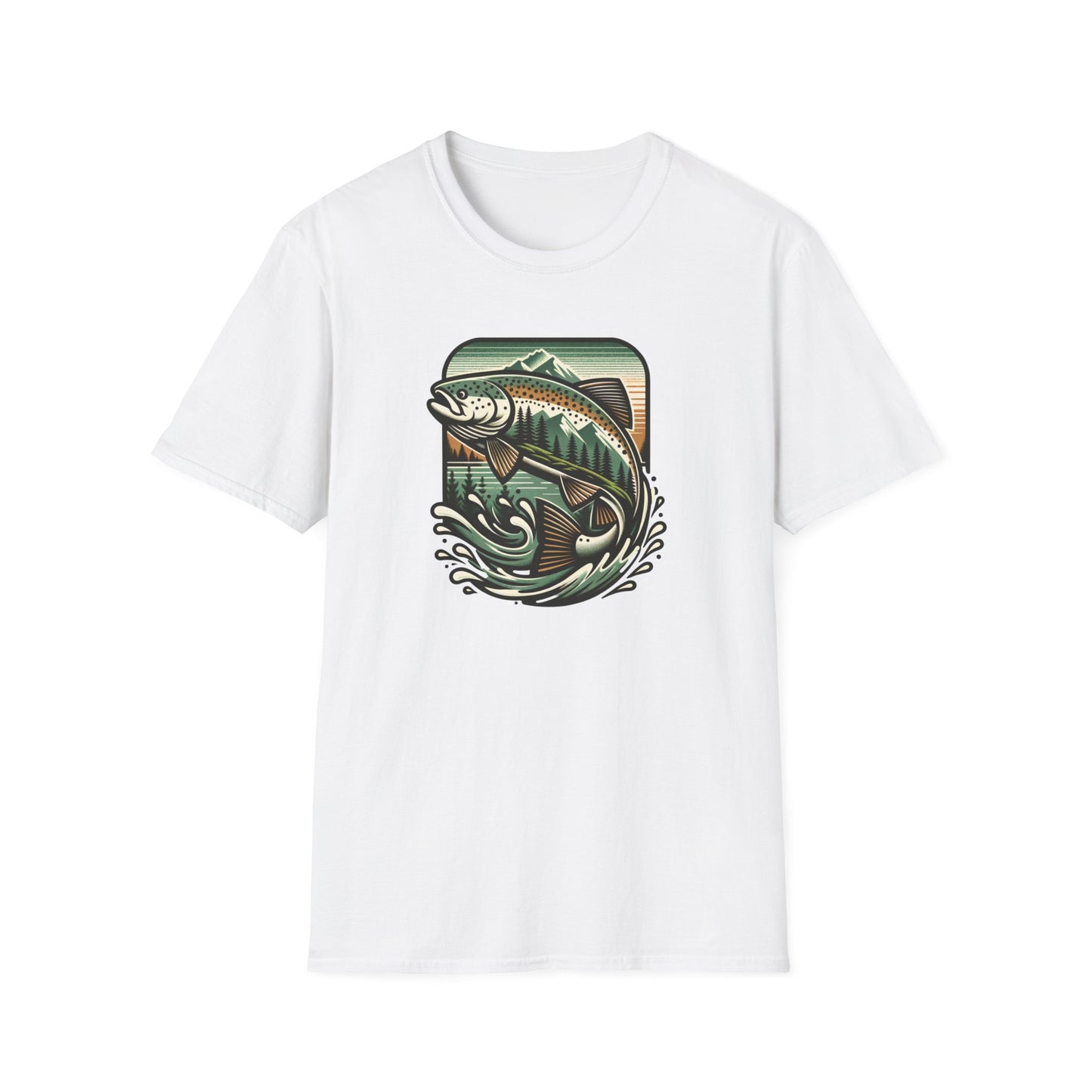 White t-shirt with a fish graphic on a white background