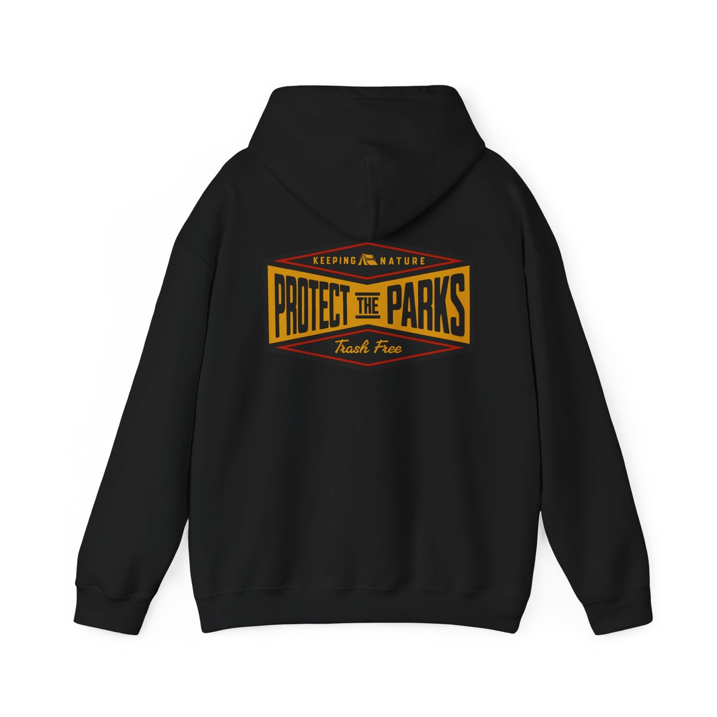 Black hoodie with 'Protect the Parks' text on the back against a white background