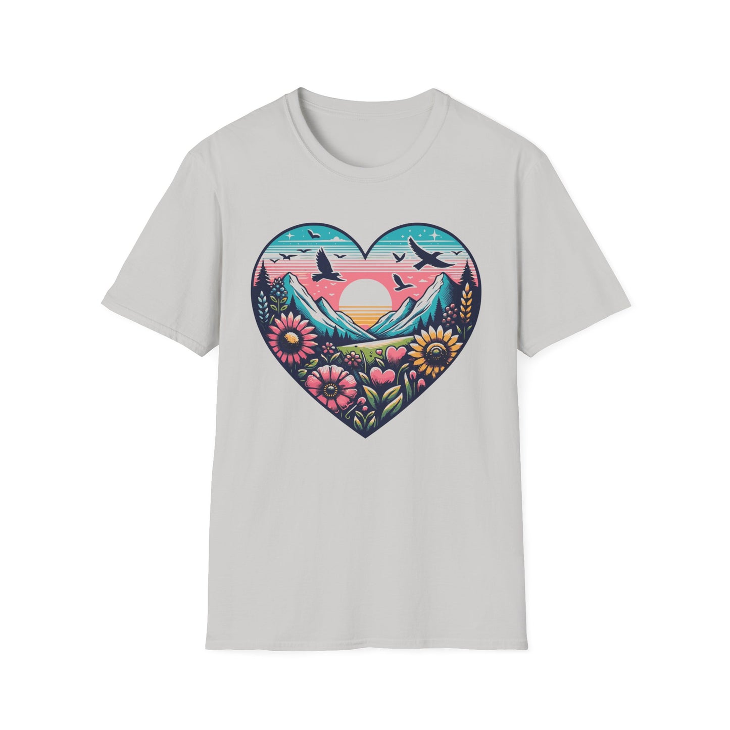 Mountain Sunrise Heart Nature Tee – Outdoors & Adventure Shirt