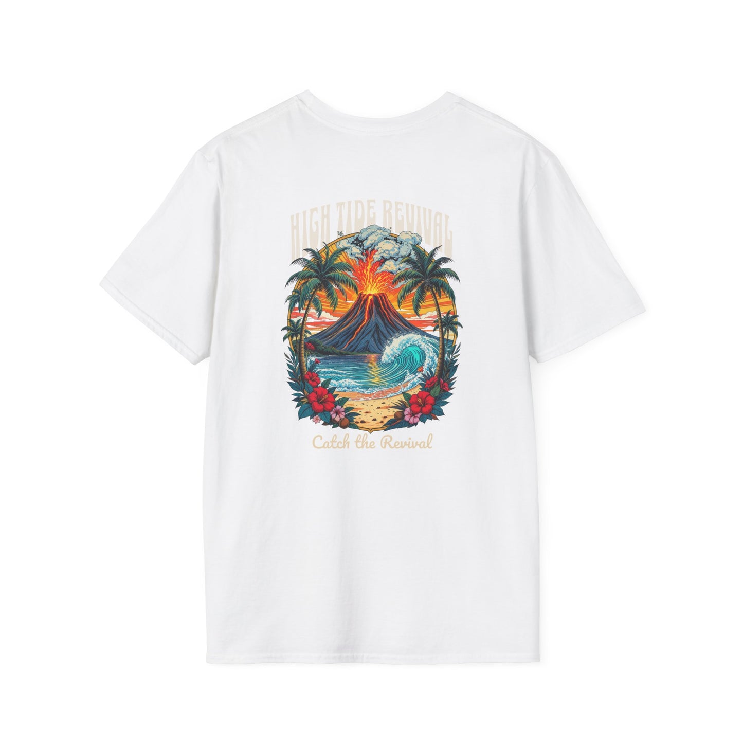White t-shirt with a tropical graphic design featuring a volcano, palm trees, and ocean waves on a white background.