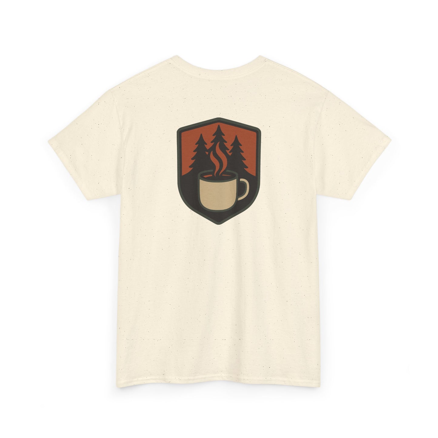 Beige t-shirt with a graphic of a coffee cup and trees on a white background