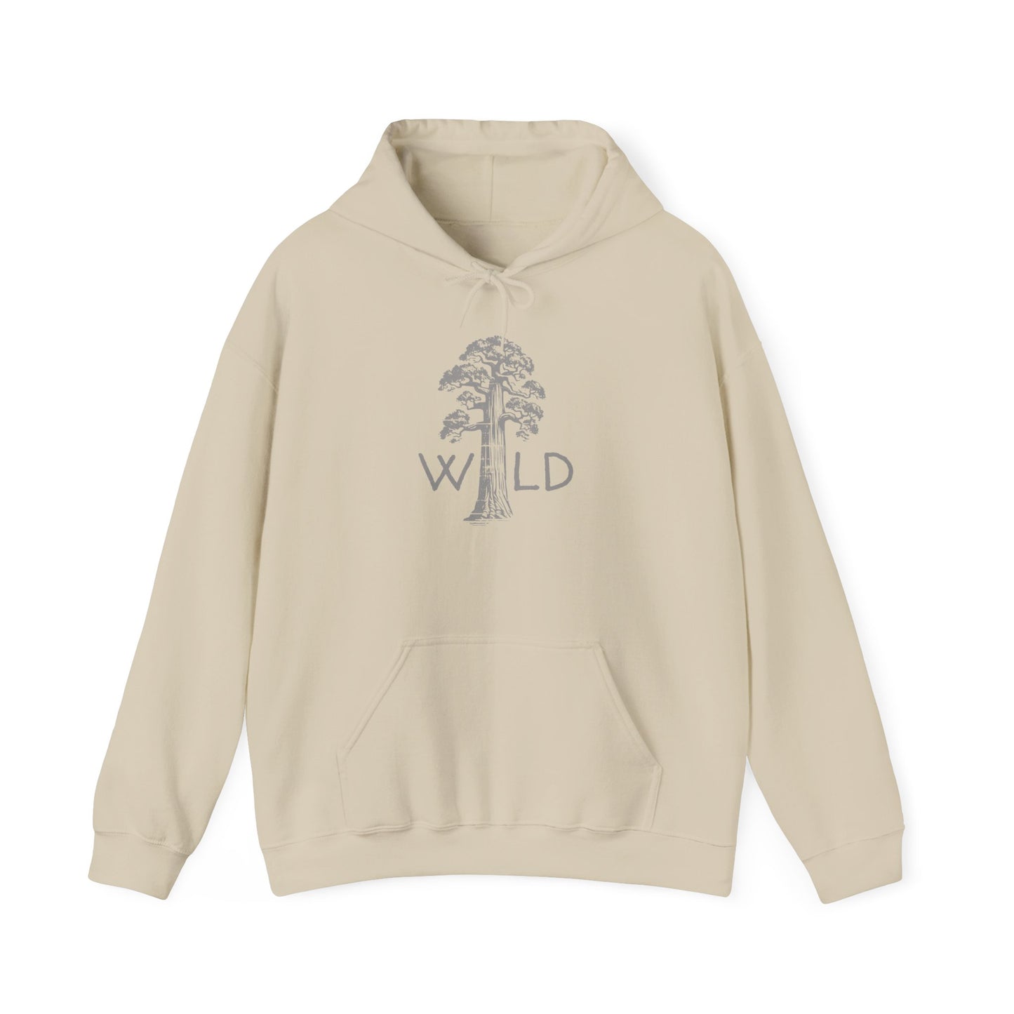 Beige hoodie with tree graphic and WILD text – outdoor nature sweatshirt for hikers and adventure lovers