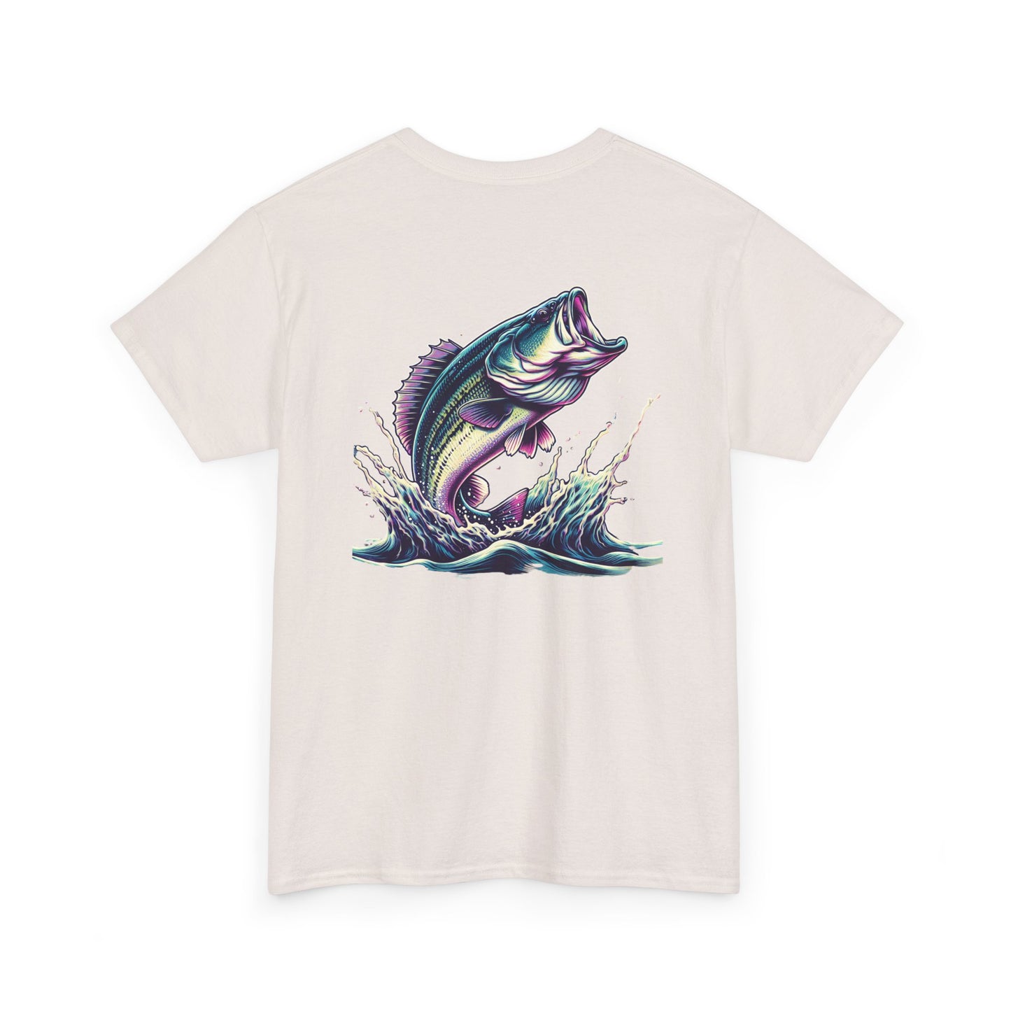 Sand t-shirt with colorful graphic of a largemouth bass leaping out of water – fishing themed apparel