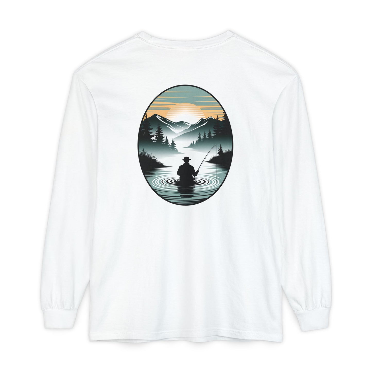 White long-sleeve shirt with a nature-themed graphic on a white background