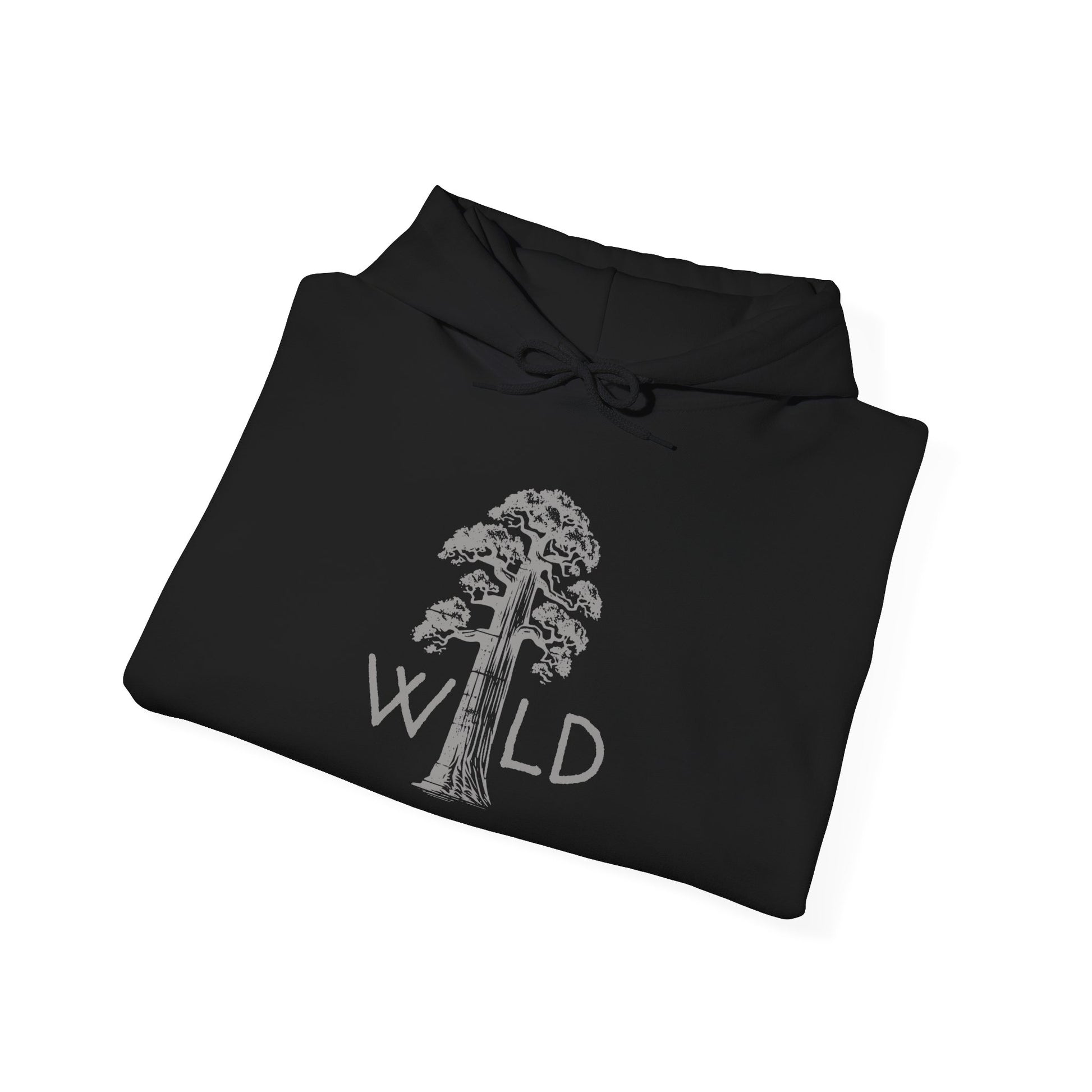 Black hoodie with a tree and 'WILD' text design on a white background