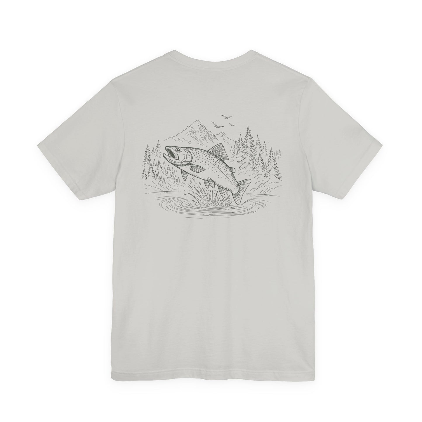 White t-shirt with a graphic of a fish and nature scene on a white background