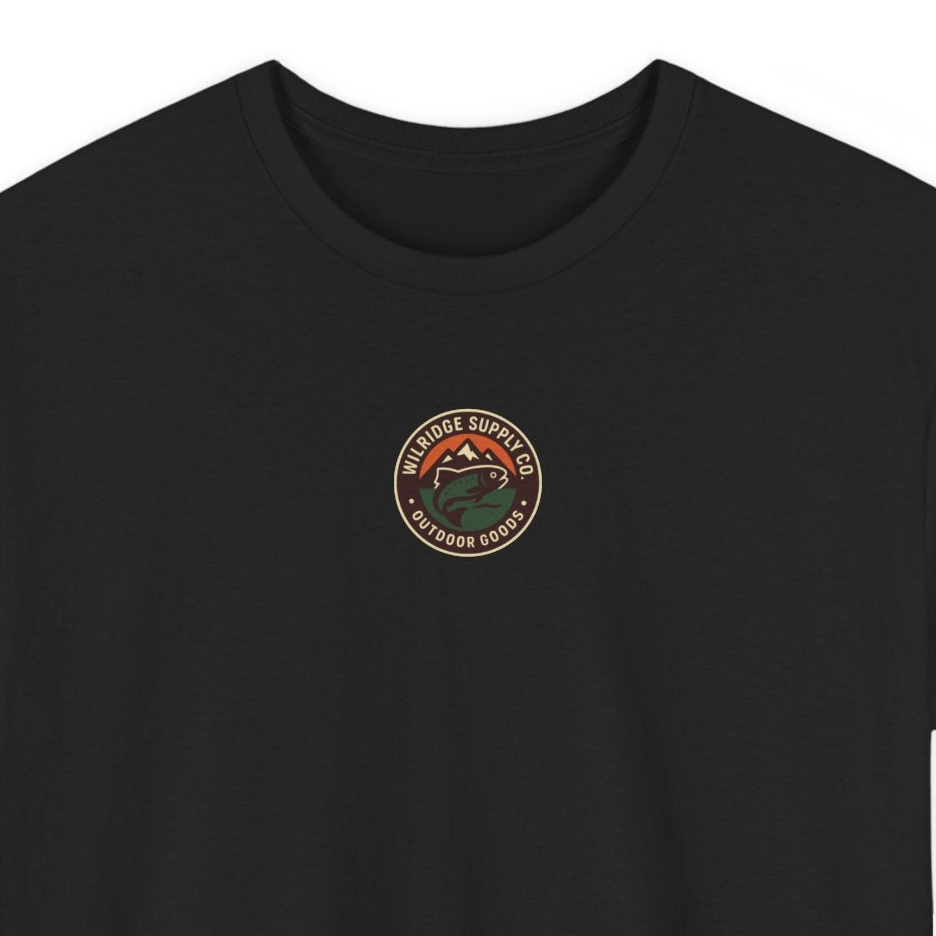 Black t-shirt with a logo on the chest against a white background