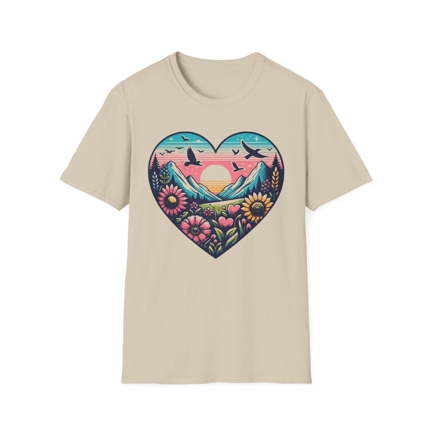 Mountain Sunrise Heart Nature Tee – Outdoors & Adventure Shirt