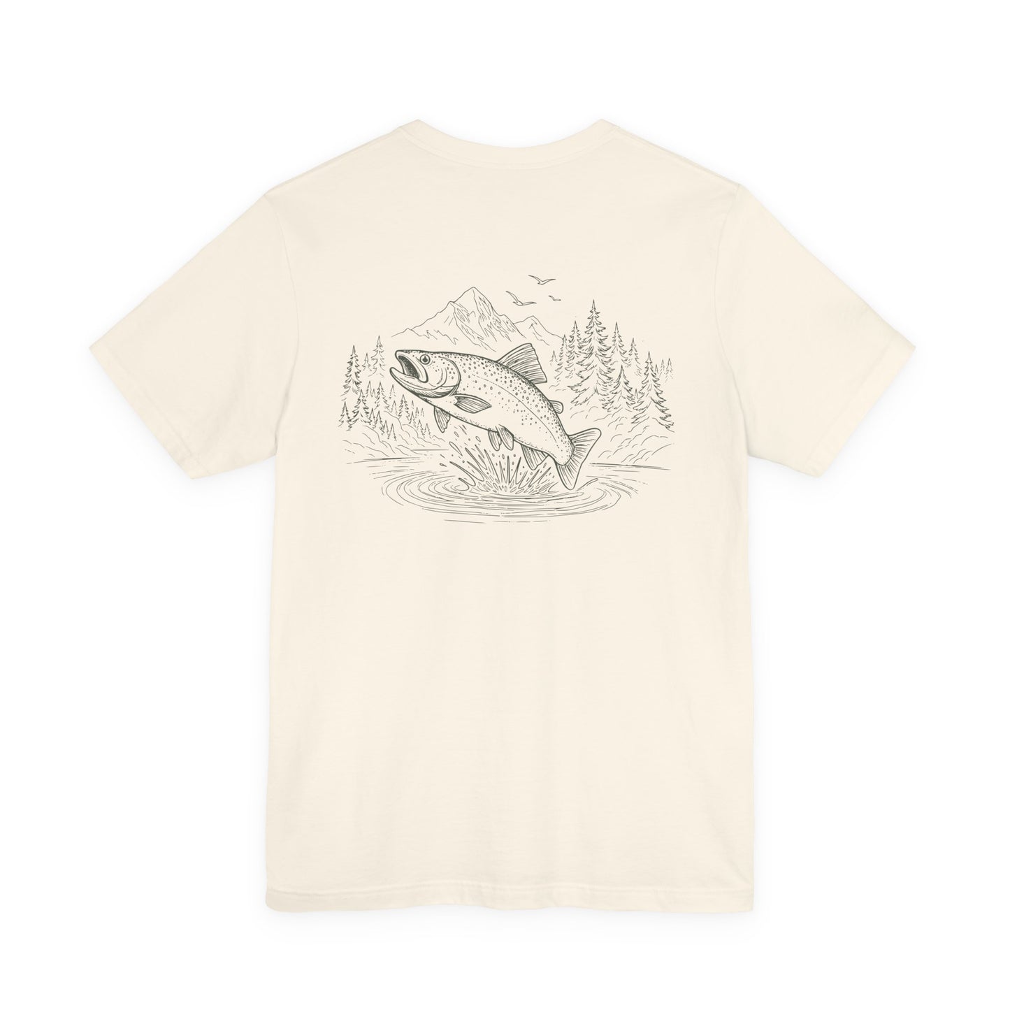 Beige t-shirt with a graphic of a fish and nature scene on a white background