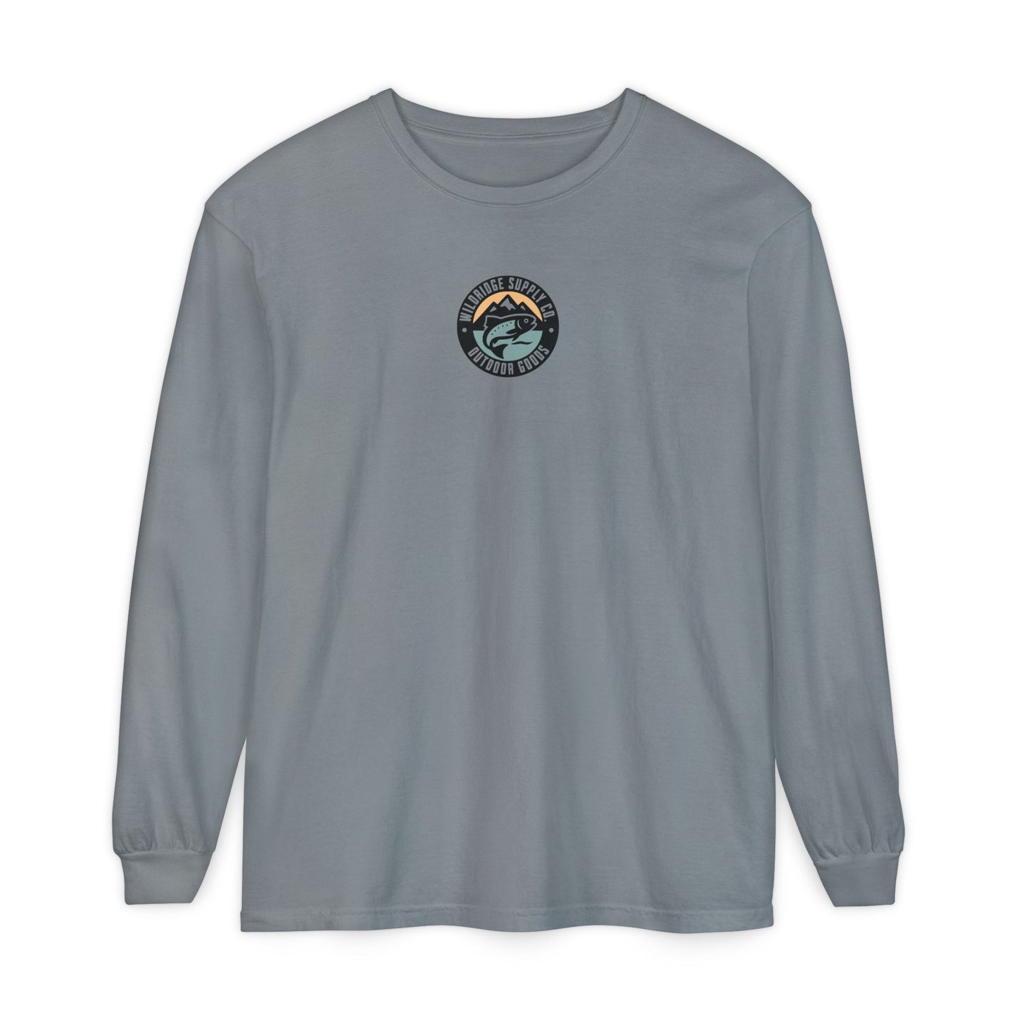 Gray long-sleeve shirt with a logo on the chest against a white background