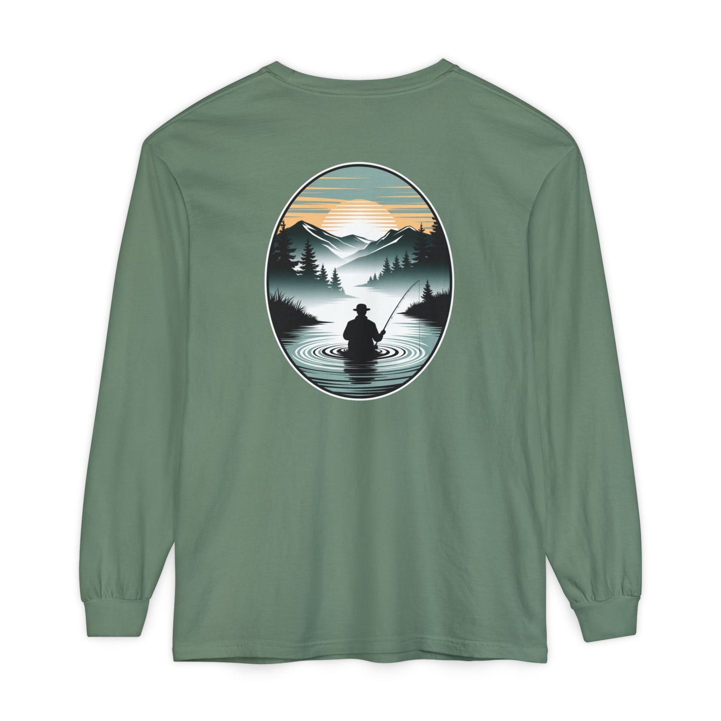 Green long-sleeve shirt with a nature-themed graphic on the back