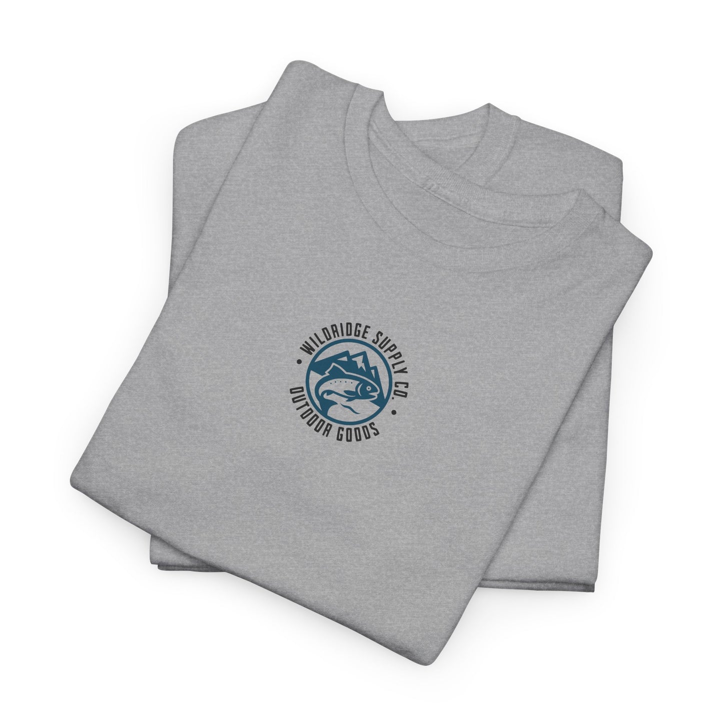 Folded gray t-shirt with a blue logo on a white background