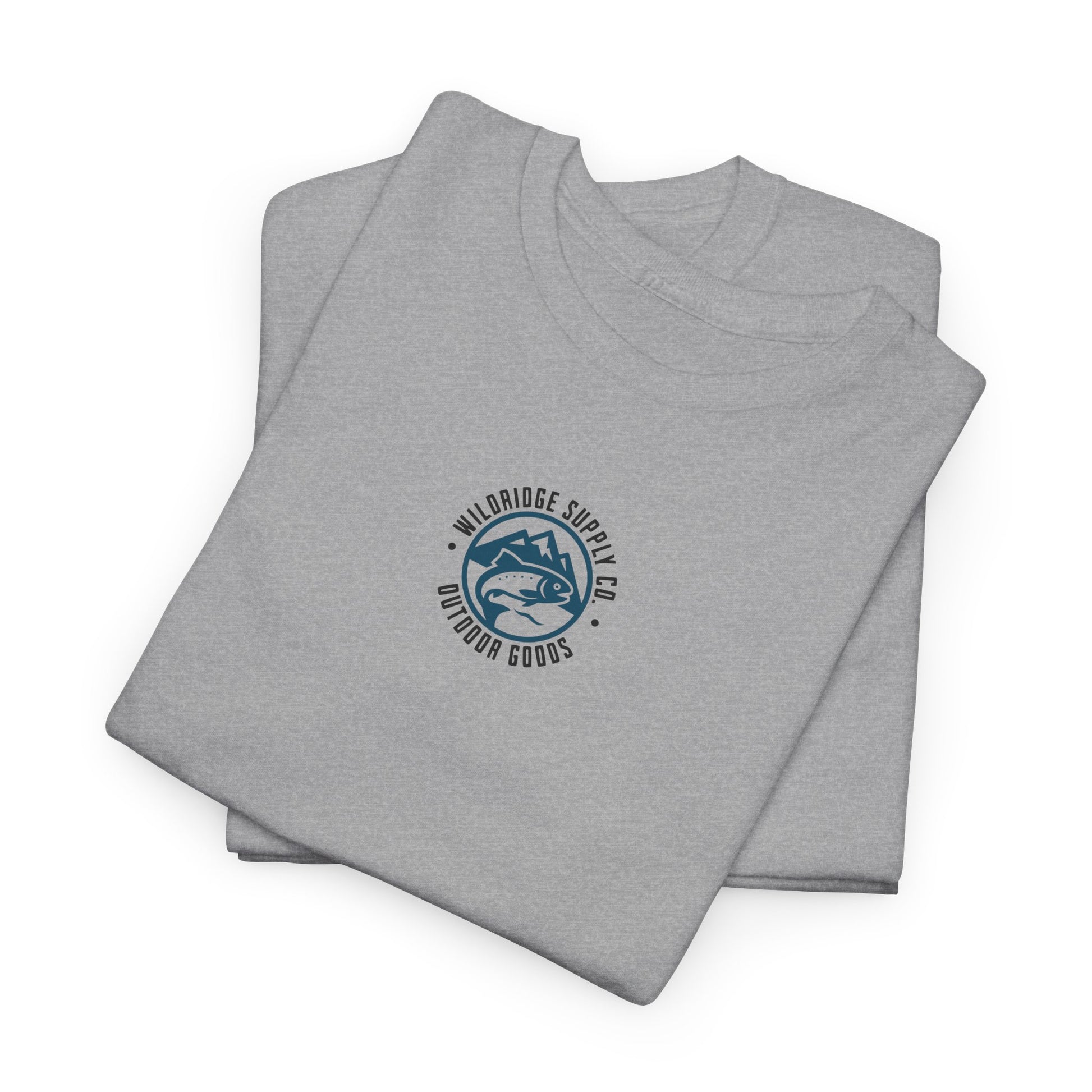 Folded gray t-shirt with a blue logo on a white background
