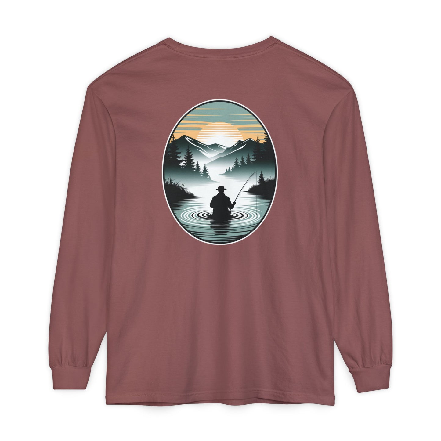 Long-sleeve shirt with a nature-themed graphic on the back, featuring a person fishing in a lake with mountains in the background.