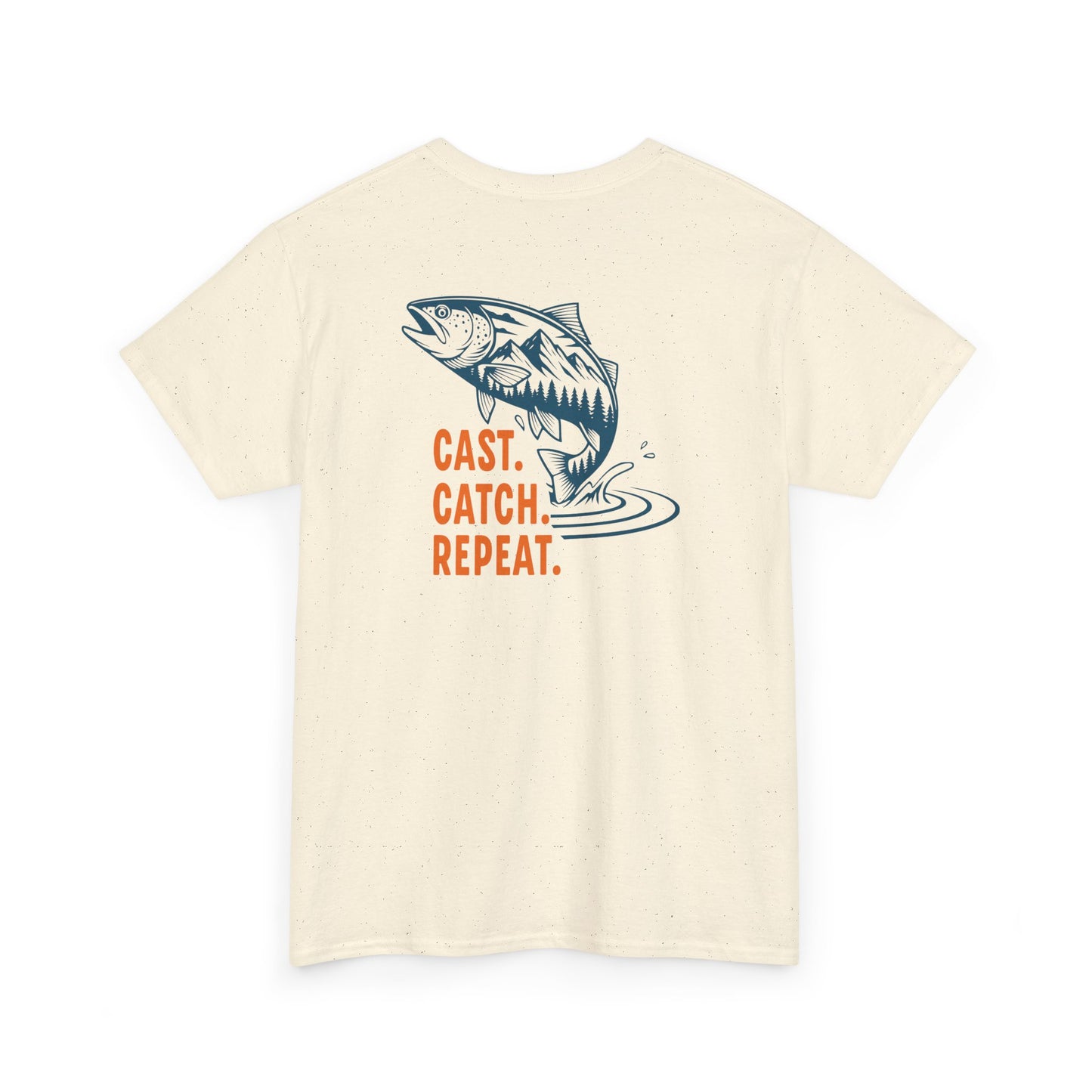 Beige t-shirt with fishing graphic and text 'CAST. CATCH. REPEAT.' on a white background