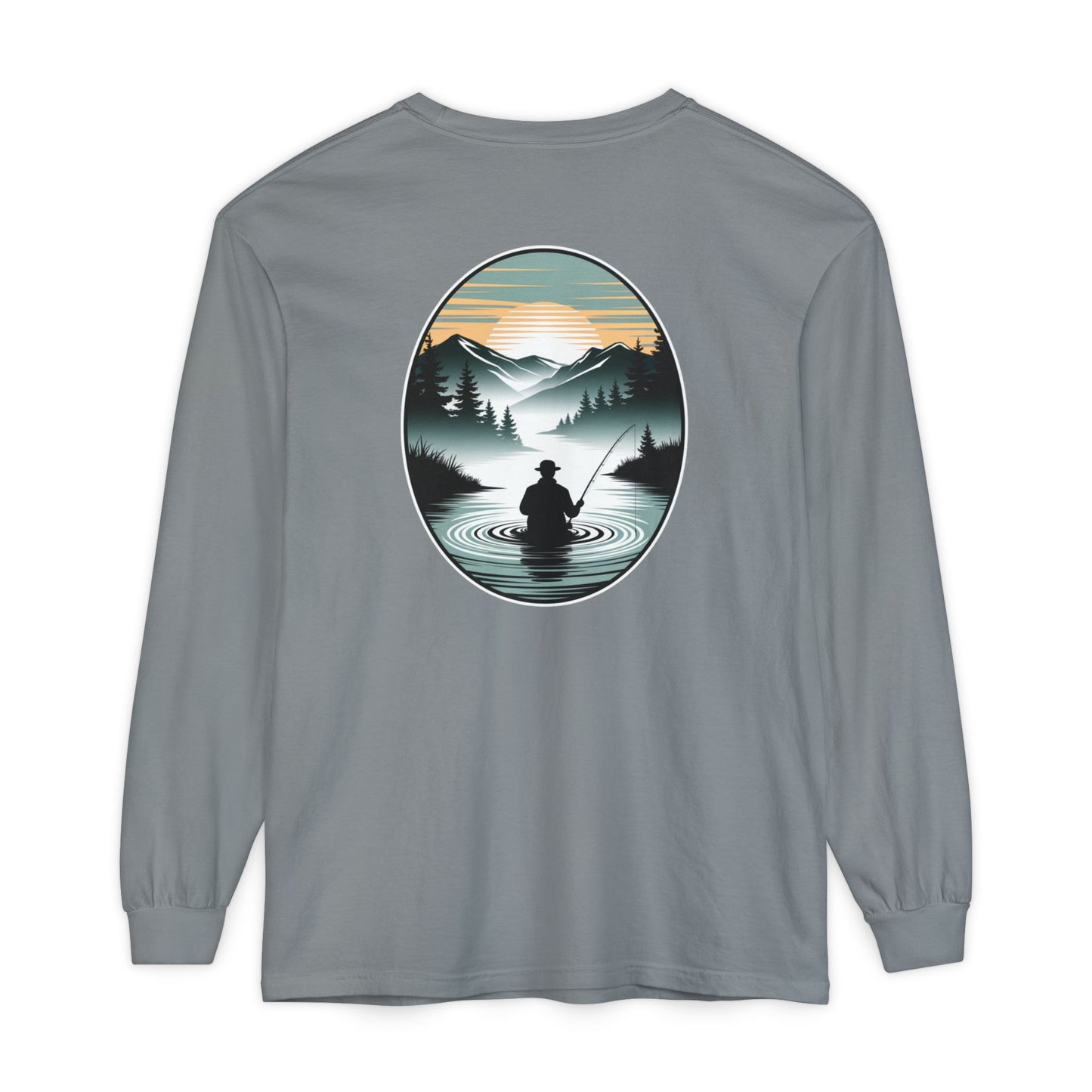 Gray long-sleeve shirt with a fishing graphic on the back against a white background