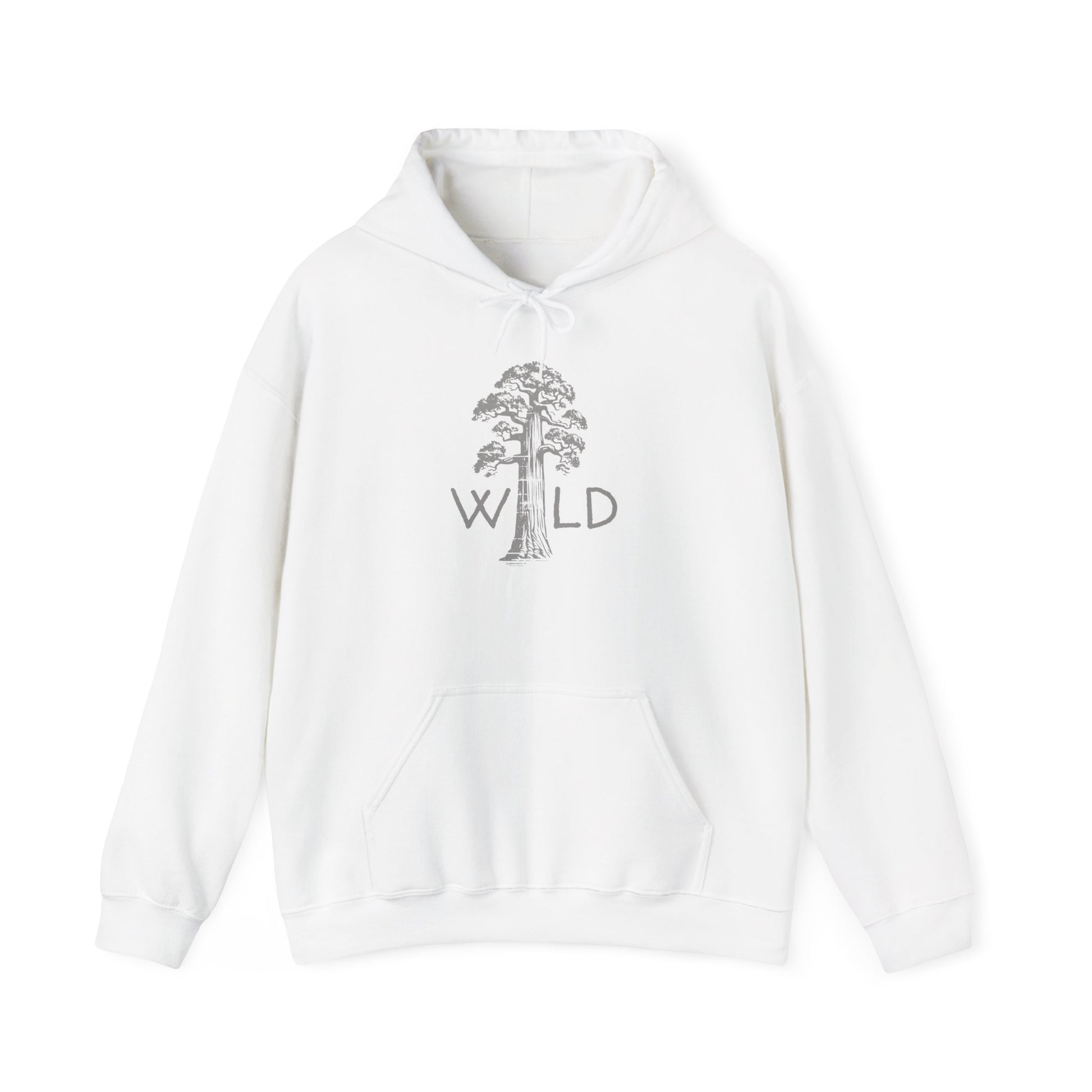 White hoodie with a tree and 'WILD' text design on a white background