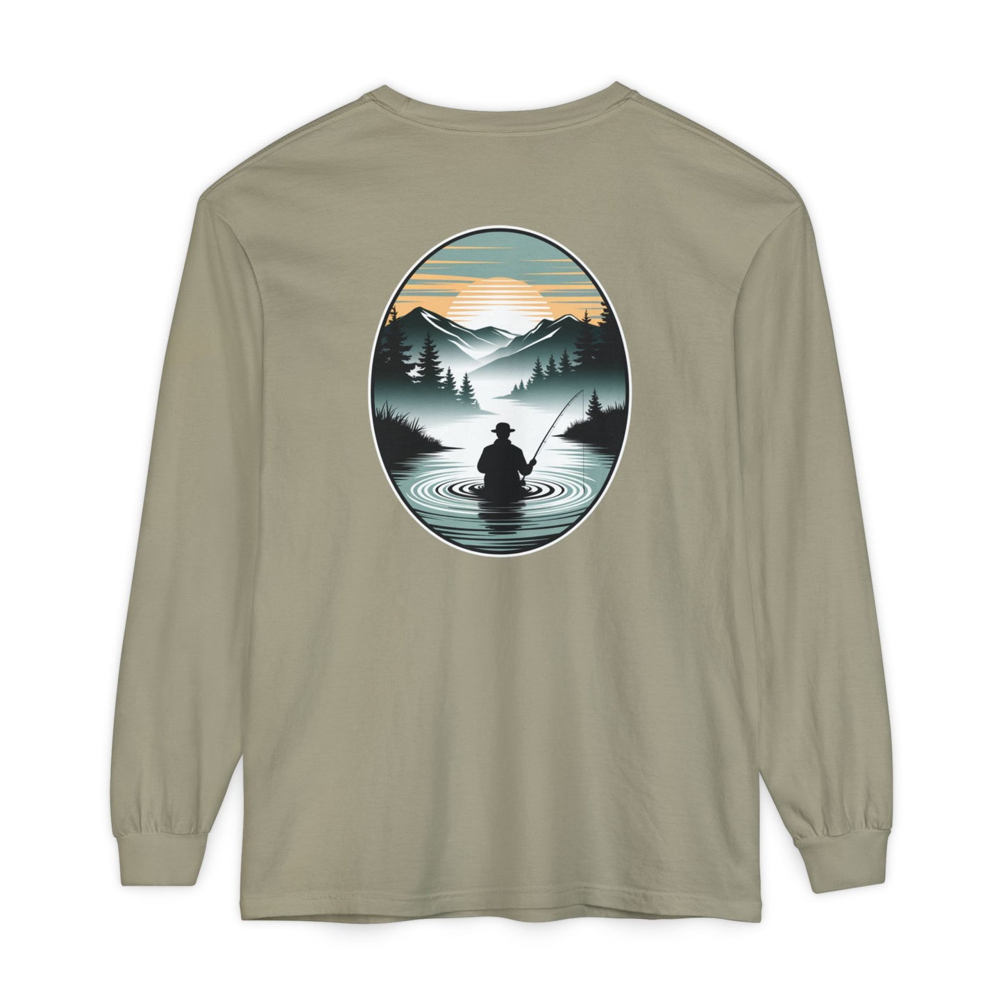 Long-sleeve shirt with a nature-themed graphic on the back against a white background