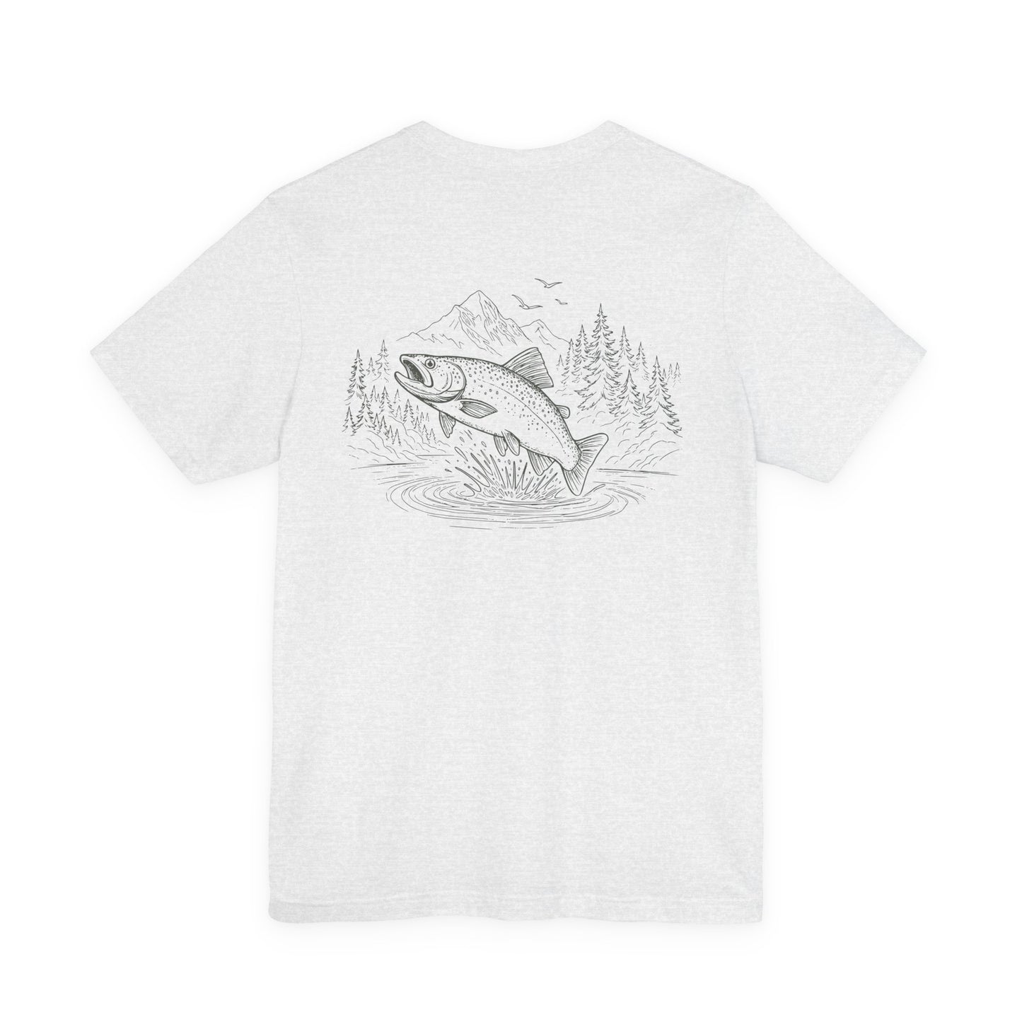 White t-shirt with a graphic of a fish and nature elements on a white background