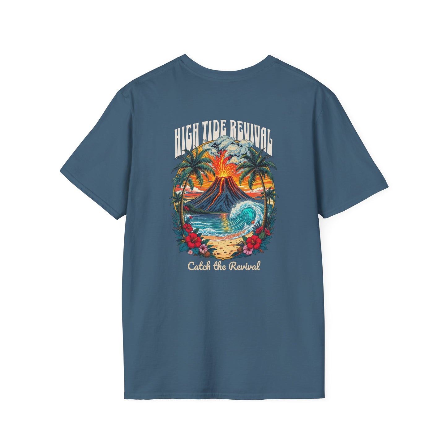 High Tide Revival Surf T-Shirt | Vintage Volcano Wave Graphic Tee | Coastal Beachwear for Surfers