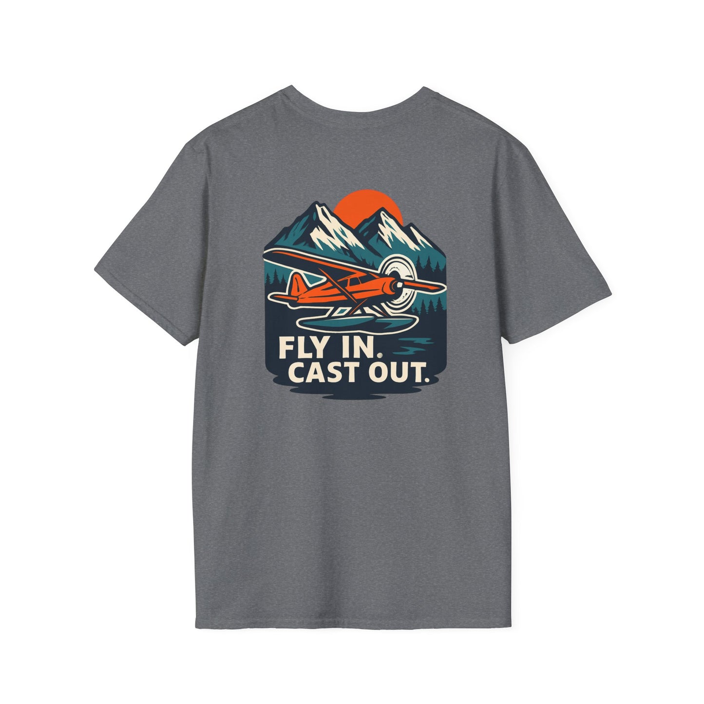 Fishing Unisex Softstyle T-Shirt with Alaskan Seaplane Design - Fly in Cast Out