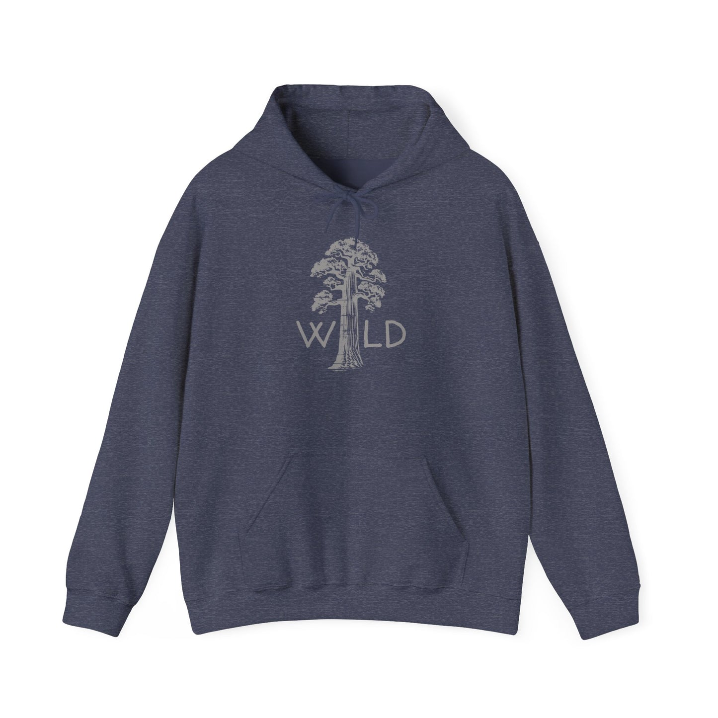Blue hoodie with a tree and 'Wild' text design on a white background