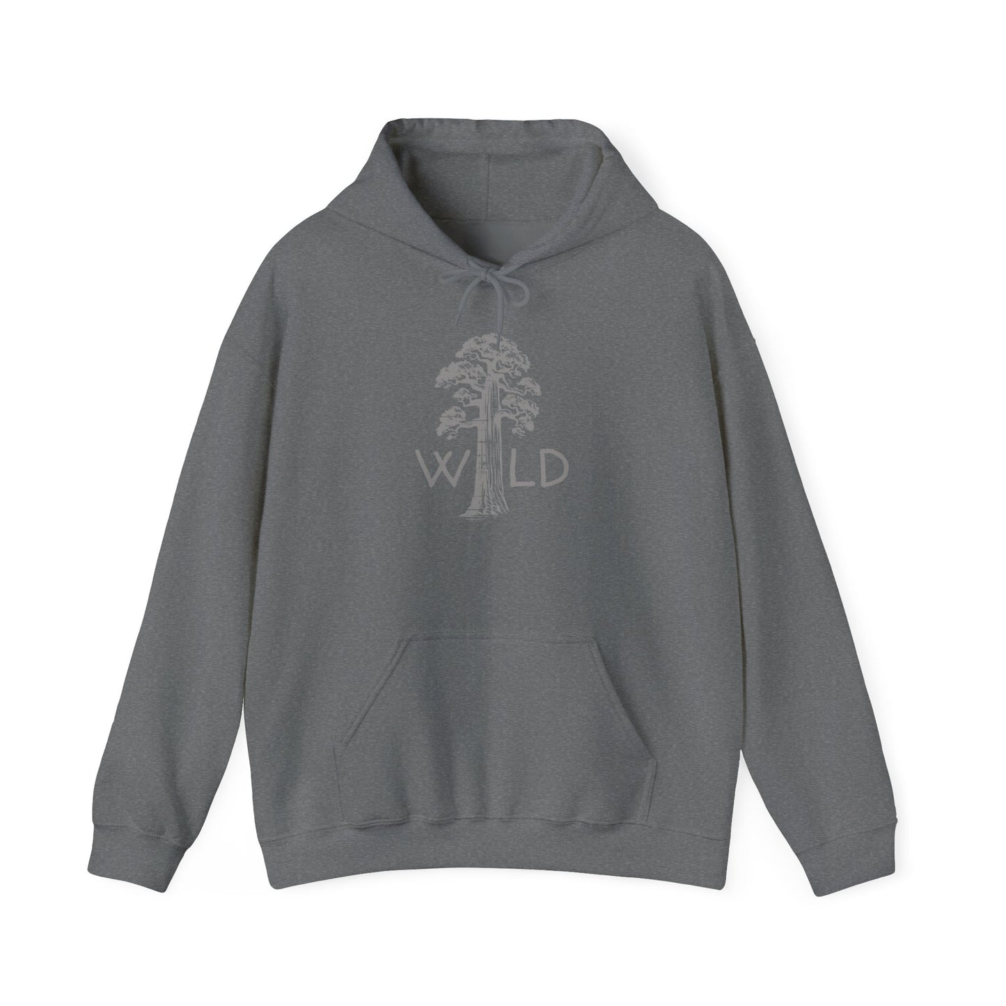 Gray hoodie with a tree and 'WILD' text on a white background