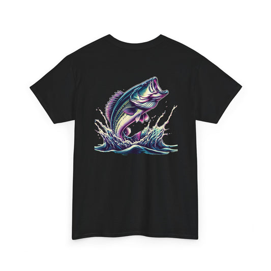 Black t-shirt with colorful graphic of a largemouth bass leaping out of water – fishing themed apparel