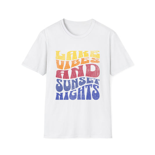 White t-shirt with retro 'Lake Vibes and Sunset Nights' multicolor distressed typography graphic