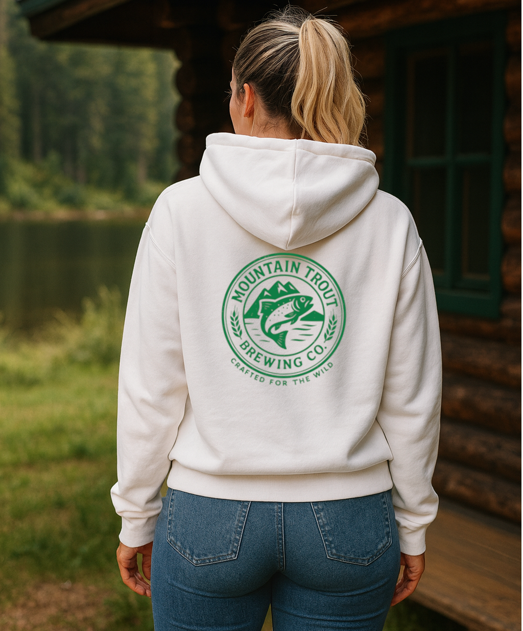 Person wearing a white hoodie with a logo in a natural setting