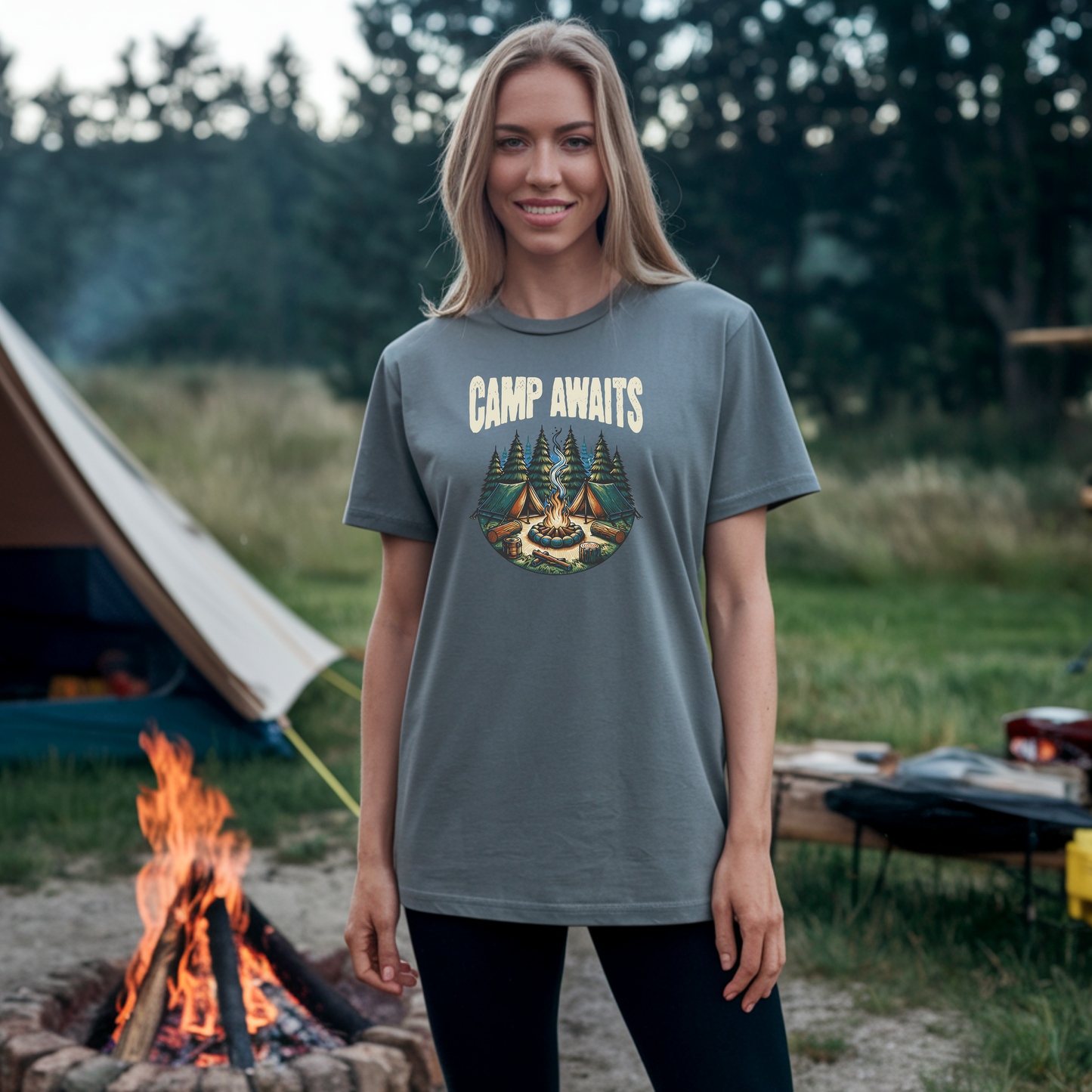 Camp Awaits Adventure Tee - Unisex Camping T-Shirt Outdoor Enthusiast