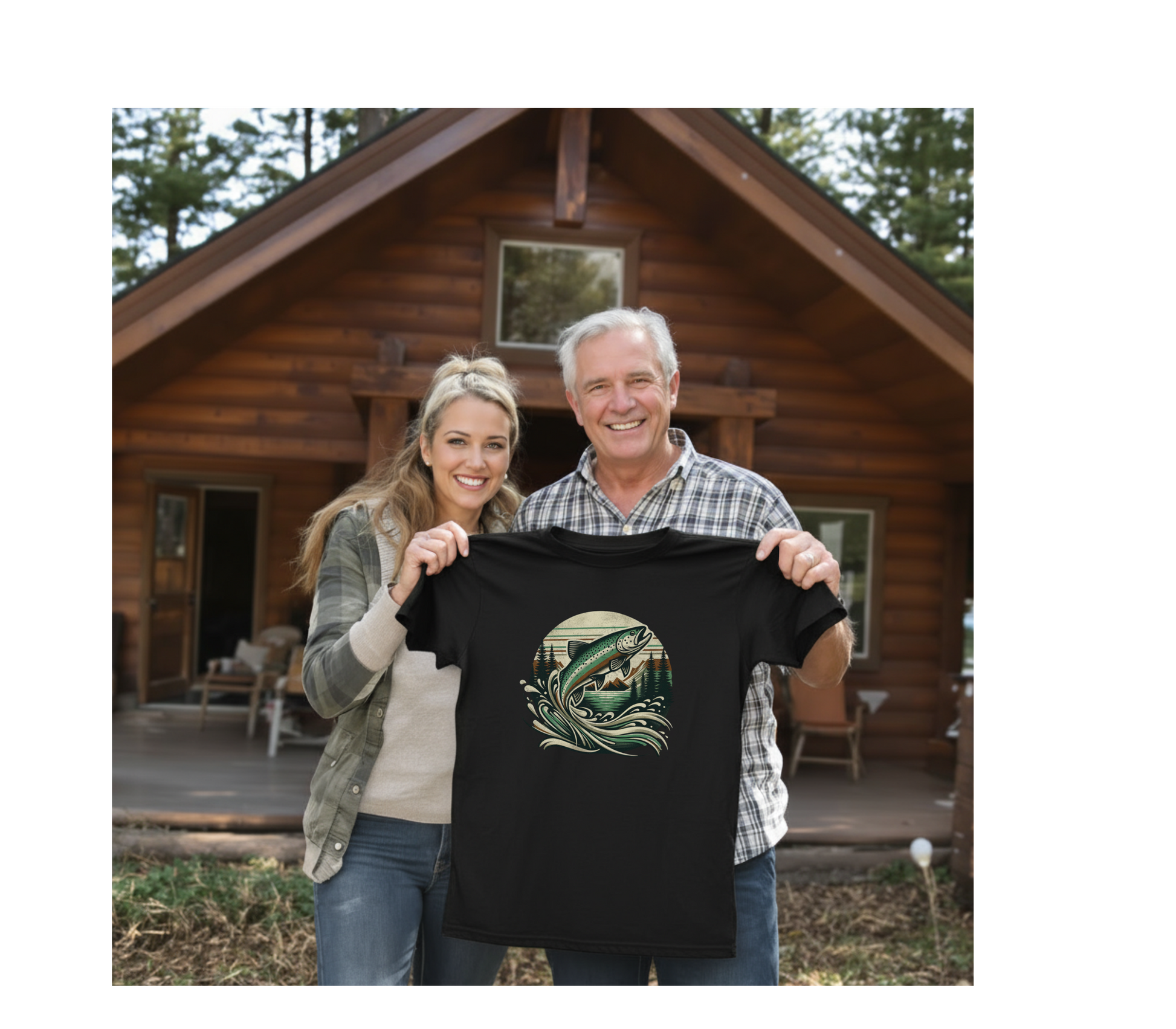 Man and woman holding a black t-shirt with a fish design in front of a wooden cabin.