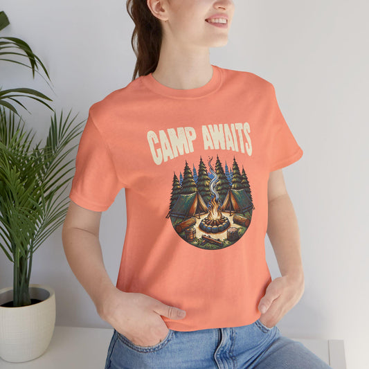 Camp Awaits Adventure Tee, Unisex Camping Shirt, Outdoor Enthusiast Gift, Nature Lover Apparel, Summer Camp T-Shirt